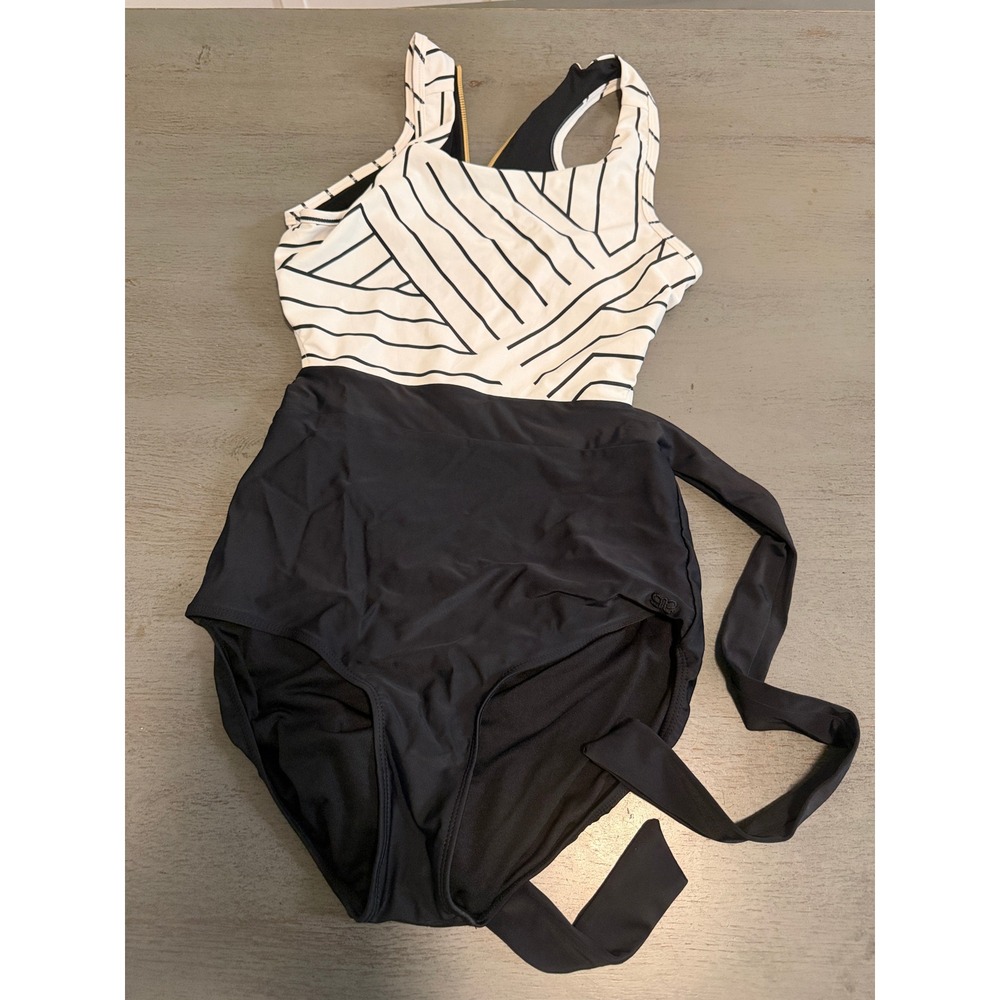 Albion Fit Womens Black White Striped One Piece Swimsuit Tie Waist Zipper L